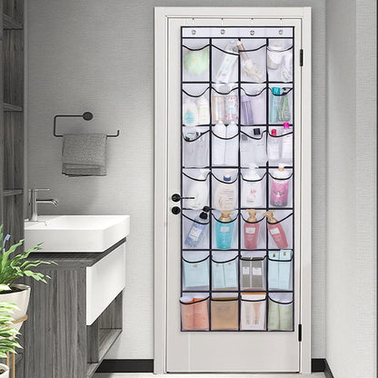 Turquoise Pandion over door shoe storage organizer with 28 pockets hanging on a closet door for efficient shoe organization.