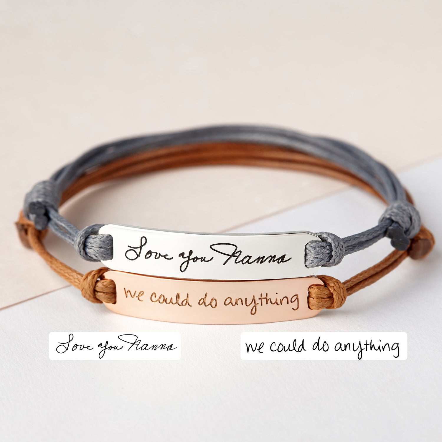 Personalized Green Millie handwriting bracelet featuring a handwritten signature charm on a delicate chain.
