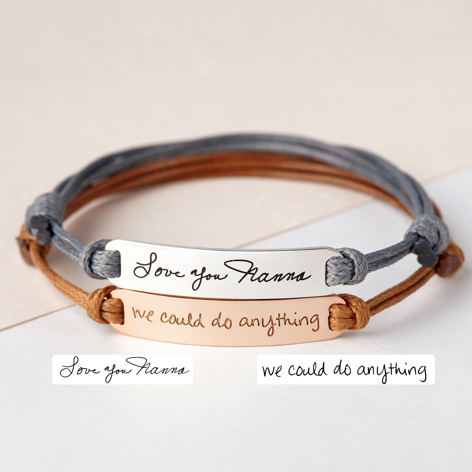 Personalized Green Millie handwriting bracelet featuring a handwritten signature charm on a delicate chain.