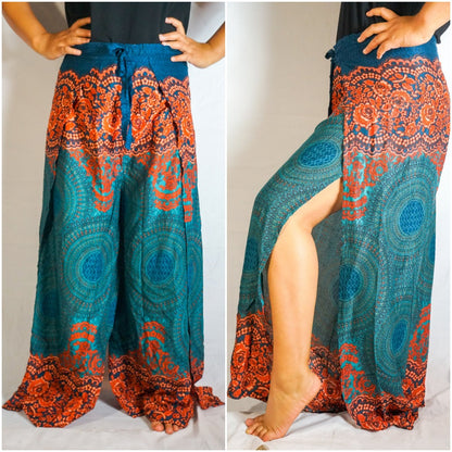 Tan Smokey teal palazzo wrap pants with harem and boho style, flowy and comfortable hippie pants for a relaxed look.
