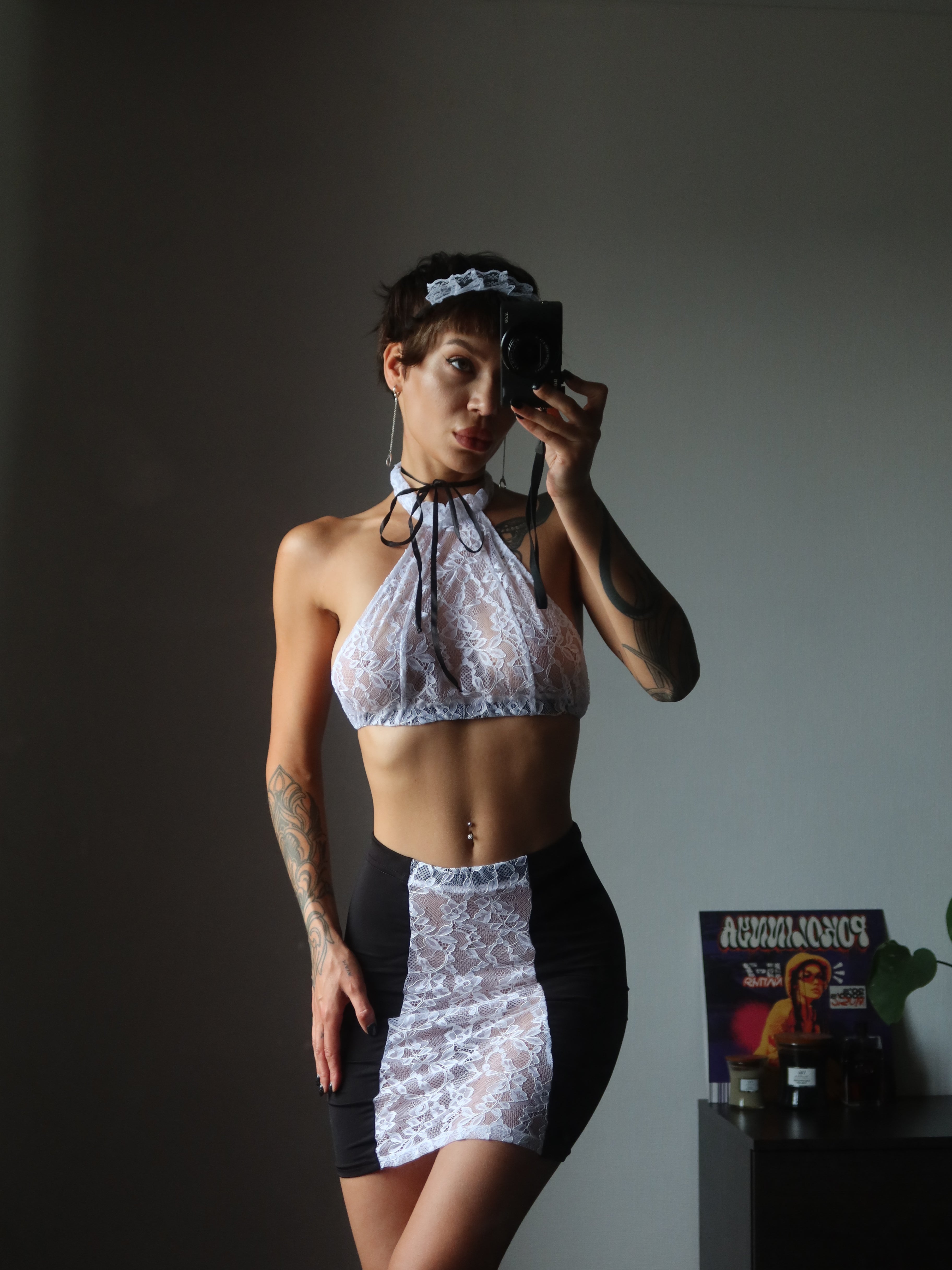 French Maid lingerie set by Brown Hercules featuring black lace and satin, with ruffled apron and matching headpiece.