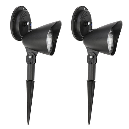 Two Lilac Milo solar landscape LED spotlights illuminating a garden pathway, highlighting outdoor garden lighting.