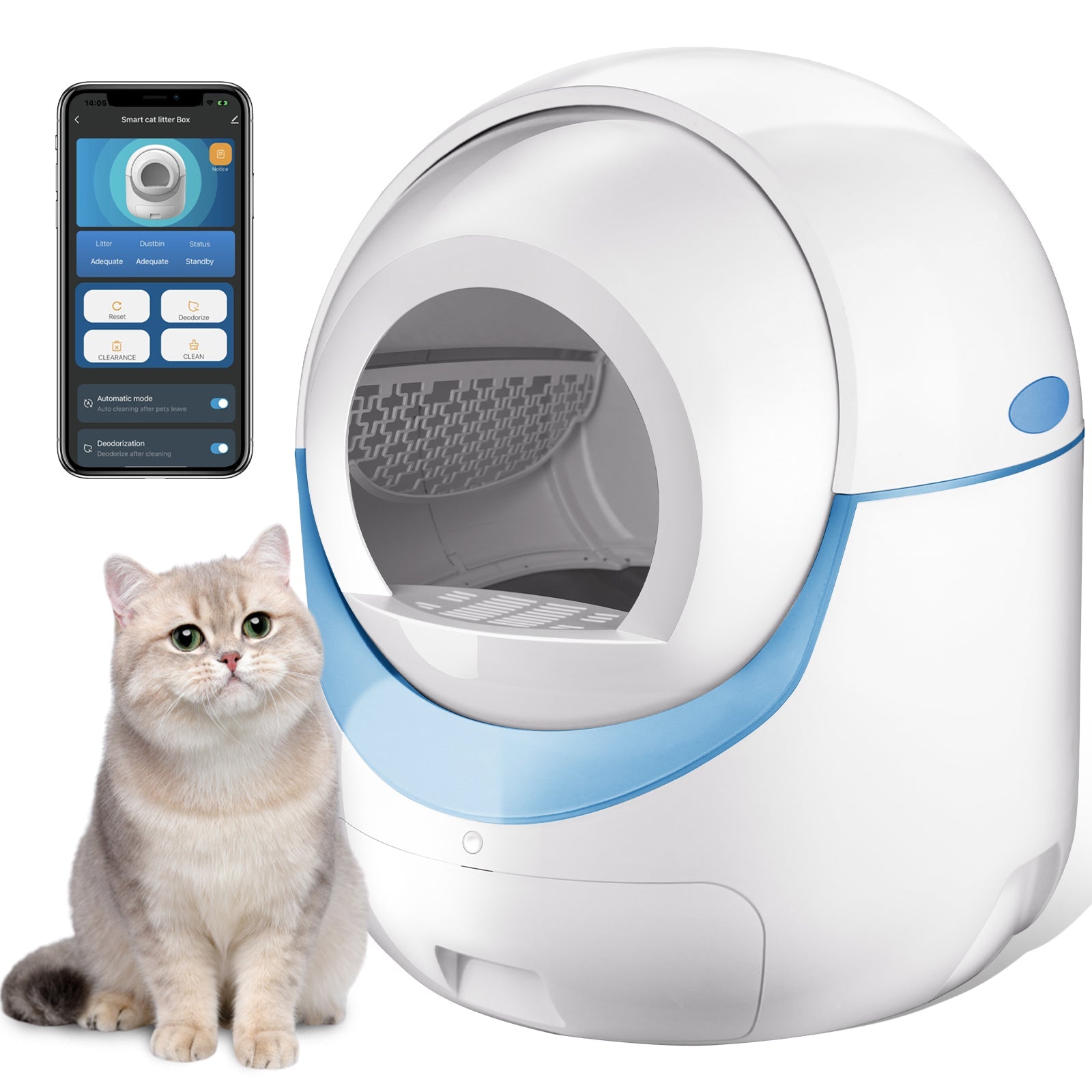 White Eucalyptus self-cleaning cat litter box with automatic mechanism, designed for easy maintenance and odor control for cats.
