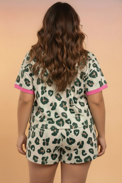 Plus size leopard colorblock top and high waist shorts for women, Byzantium Bay clothing, featuring bold animal print and comfortable fit.