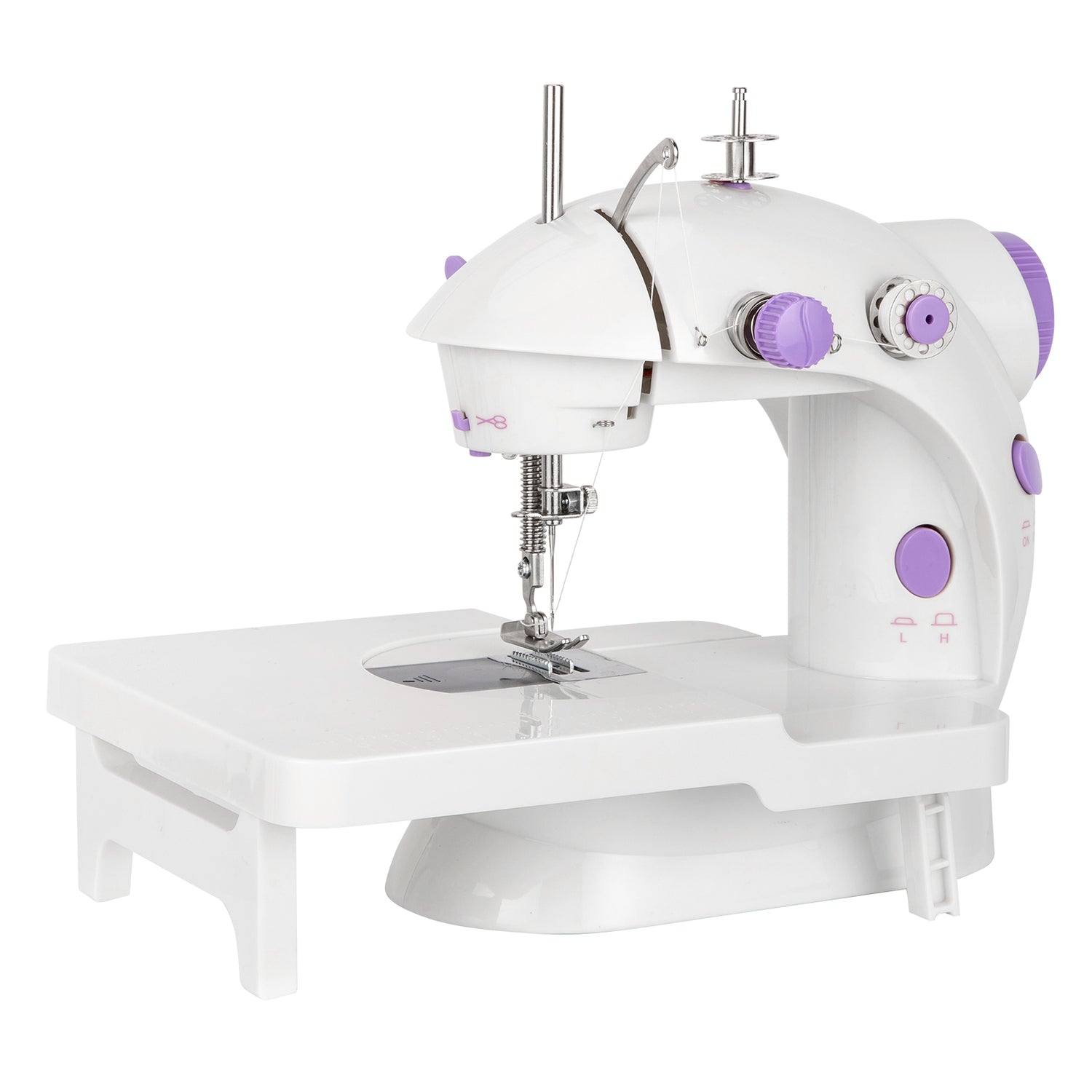 Portable Lilac Milo desktop sewing machine with extension table, compact home sewing device for household craft projects.