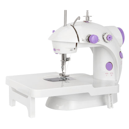 Portable Lilac Milo desktop sewing machine with extension table, compact home sewing device for household craft projects.