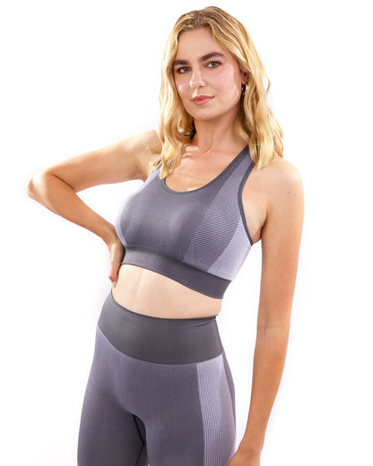 Grey Arleta Seamless Sports Bra for women by Lazurite, showing the comfortable, supportive design and smooth fabric.