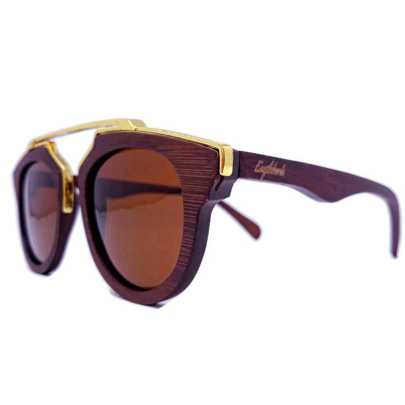 Cherry wood full frame sunglasses with gold trim, polarized, handcrafted by Purple Ariadne, stylish and eco-friendly eyewear.