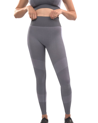Grey Arleta Seamless Leggings by Lazurite for women, close-up of soft, stretchy fabric and high-rise waistband.