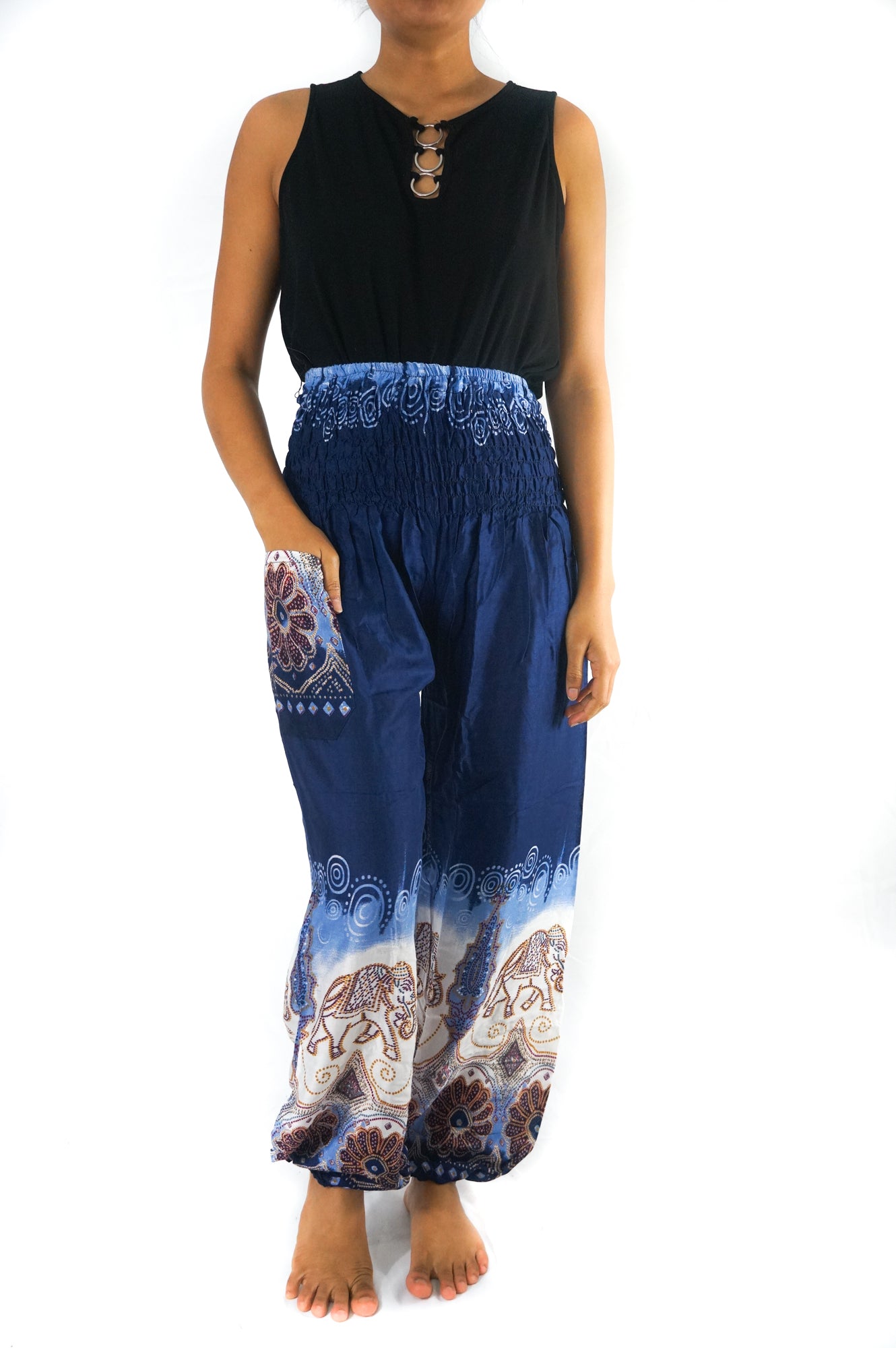 Blue Elephant Women’s Boho Hippie Yoga Pants by Tan Smokey, featuring a relaxed fit with colorful elephant patterns and comfortable fabric.