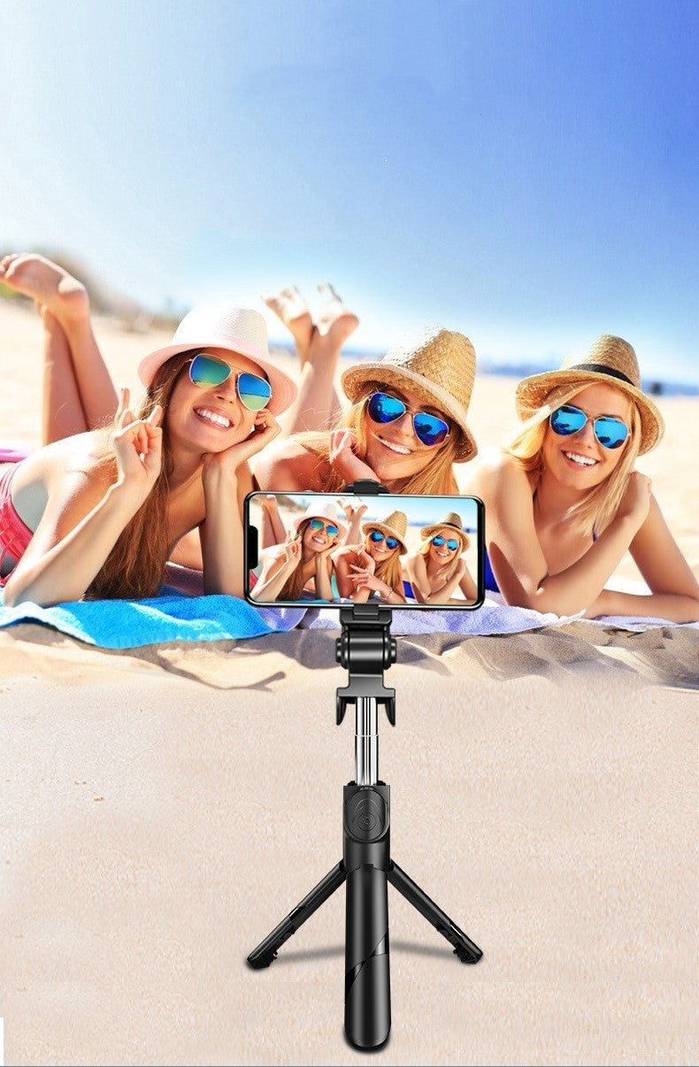 Lilac Milo 3-in-1 tripod and Bluetooth selfie stick with fill light for smartphones, displaying adjustable stand and built-in light.