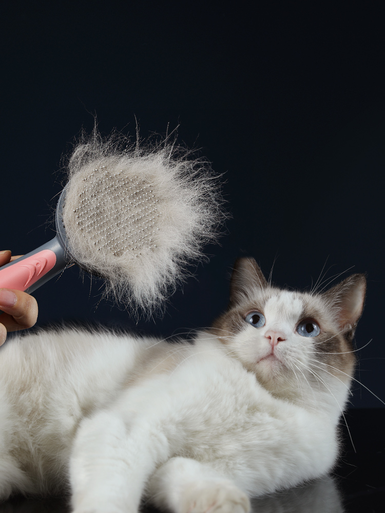 Lilac Milo pet grooming cat and dog comb with hair brush, featuring metal teeth for detangling and brushing pet fur.