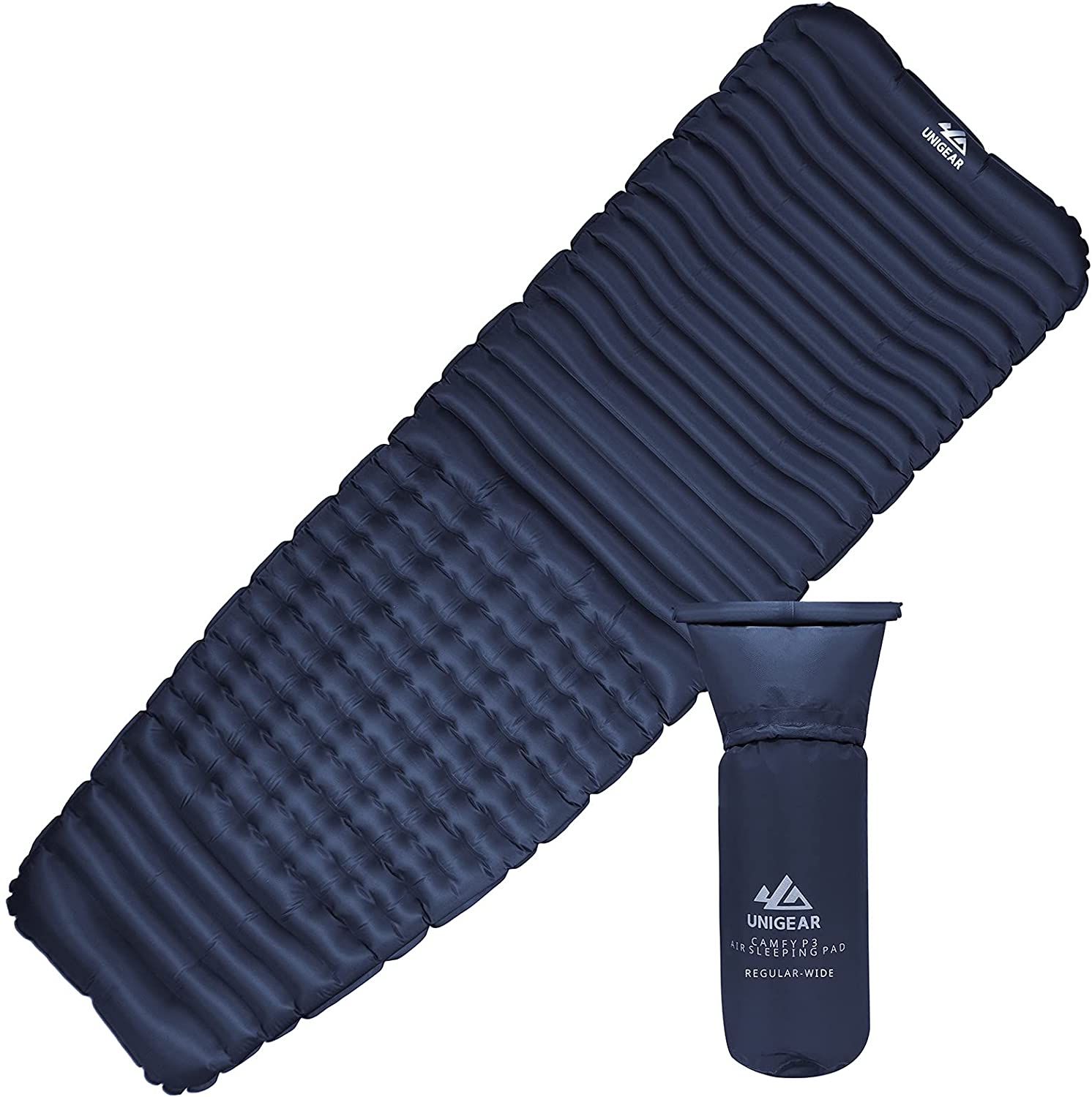 Indigo Eurybia Camfy P3 Air Camping Sleeping Pad laid out on a tent floor ready for outdoor sleeping comfort