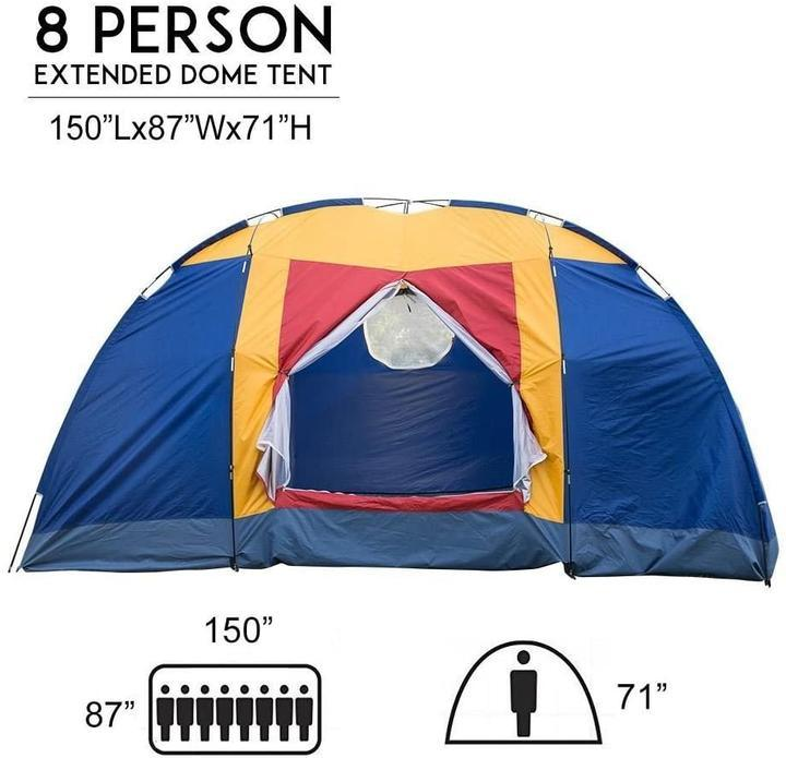 Lilac Milo outdoor camping tent set up for 8 people, showing the spacious weather-resistant camping tent with open doors and interior view.