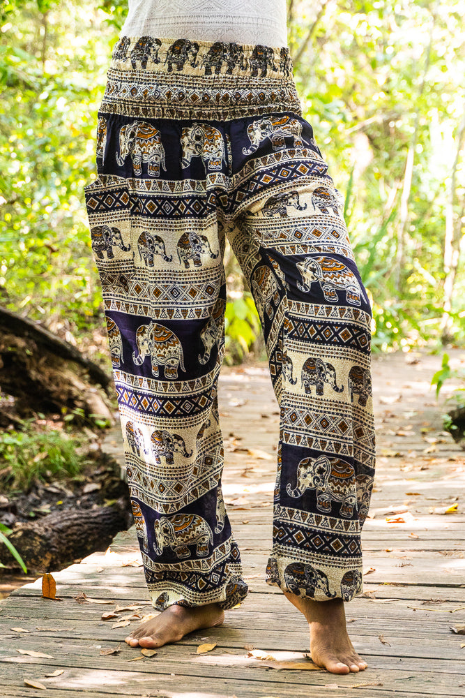 Black Tan Smokey Elephant boho yoga pants for women, featuring a relaxed fit and hippie style with elephant print design.