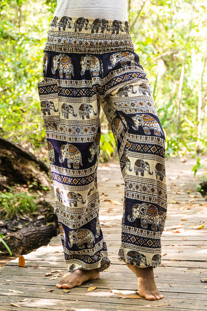 Black Tan Smokey Elephant boho yoga pants for women, featuring a relaxed fit and hippie style with elephant print design.