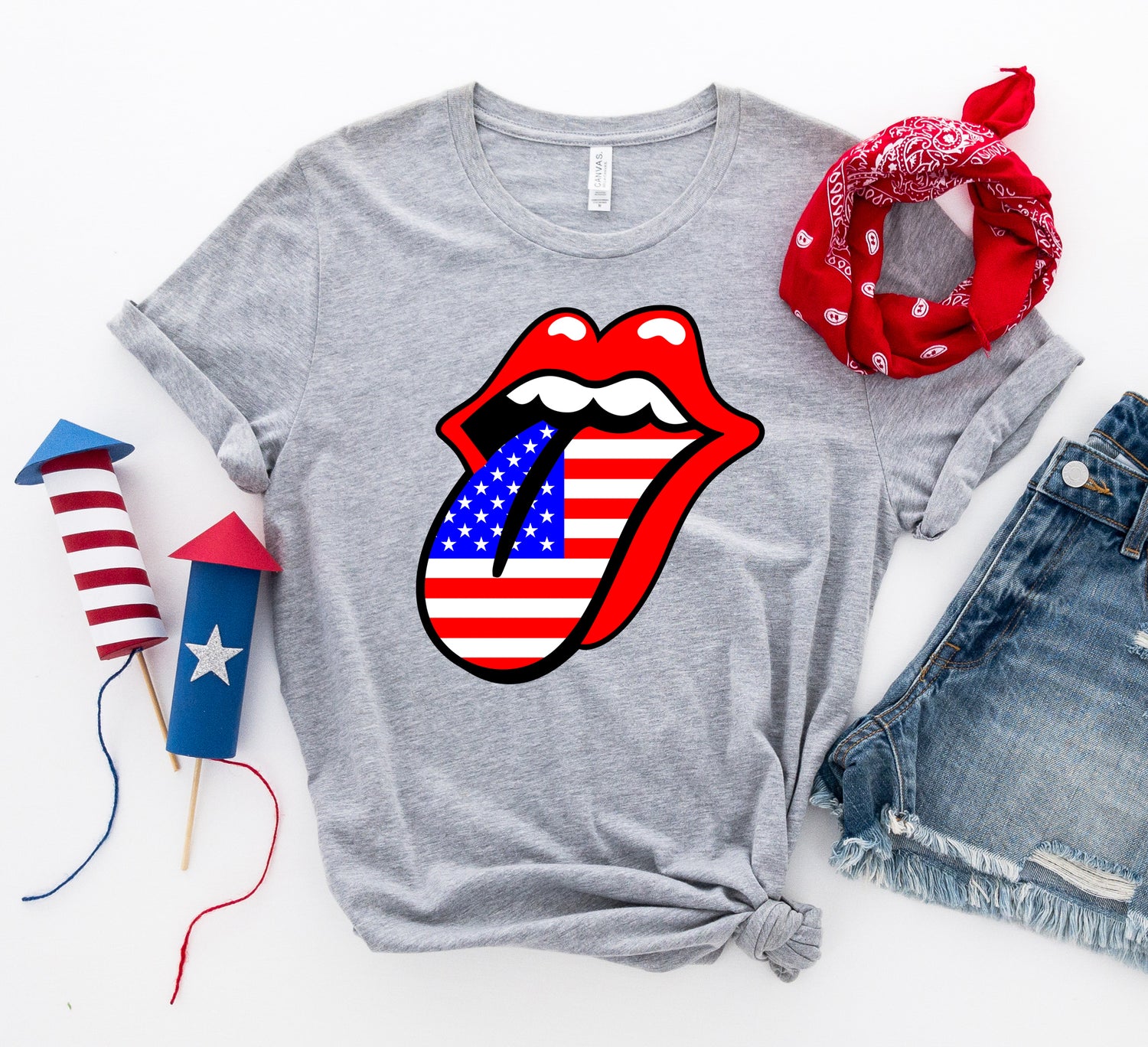 USA Lips 4th of July T-shirt by Agate featuring patriotic lips graphic on a casual cotton T-shirt.