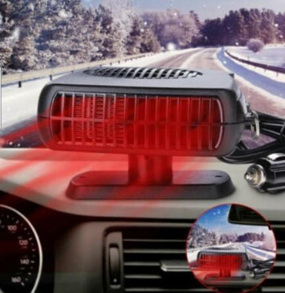 Yellow Pandora 200W 2-in-1 car heater and windshield defroster showing compact design and control panel inside a vehicle.