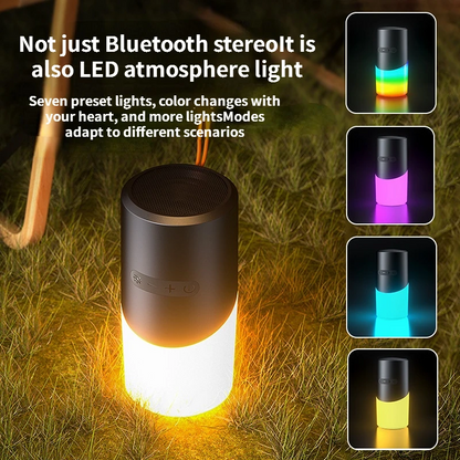 Lilac Milo waterproof portable wireless Bluetooth speaker with RGB light, showing a sleek black design and colorful light effects.