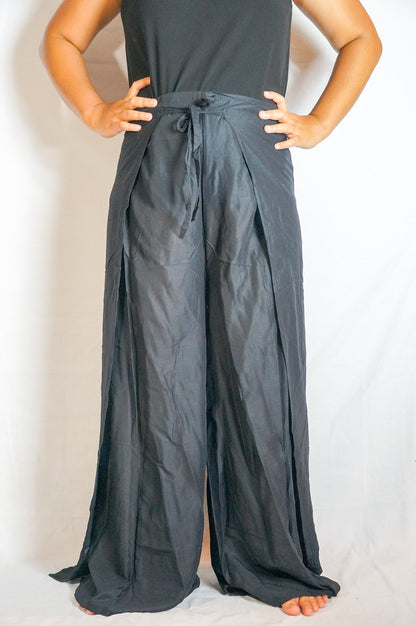 Solid black Tan Smokey harem wrap pants with a flowing, boho style and relaxed fit, perfect for a comfortable, hippie-inspired look.