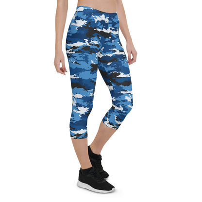 Maroon Sooty blue camouflage sports capri leggings with elastic waistband and fitted design, ideal for active wear.