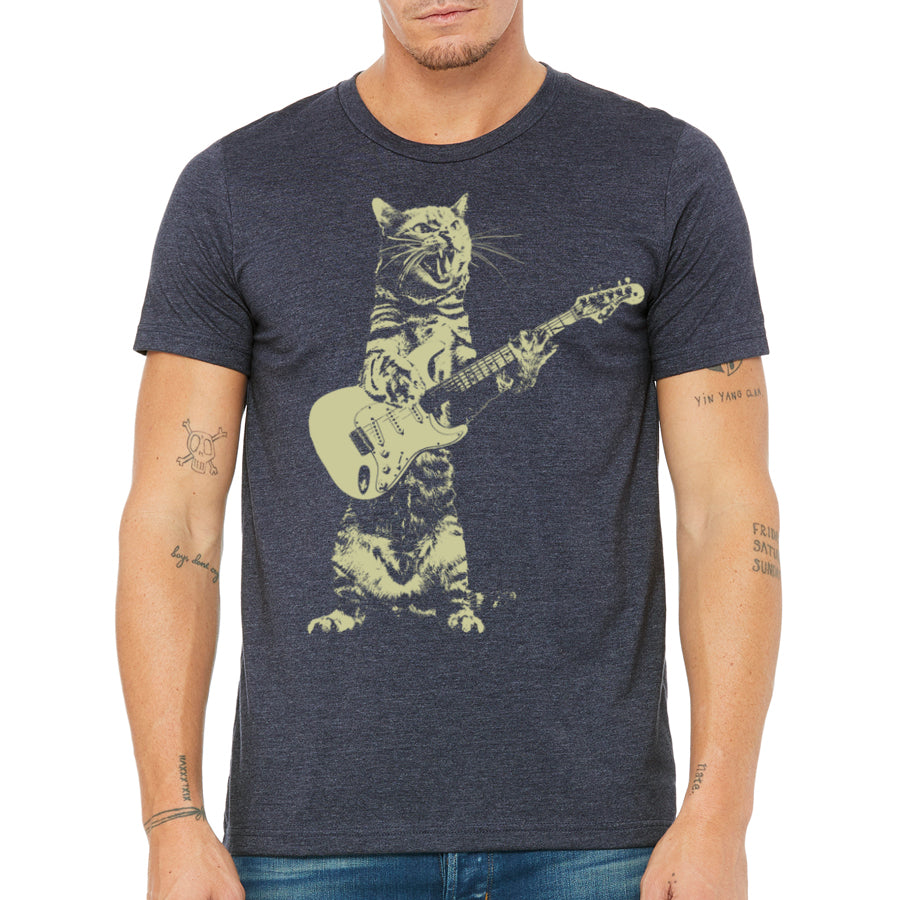 Indigo Tiger cat playing guitar T-shirt featuring a playful feline illustration on a casual graphic tee