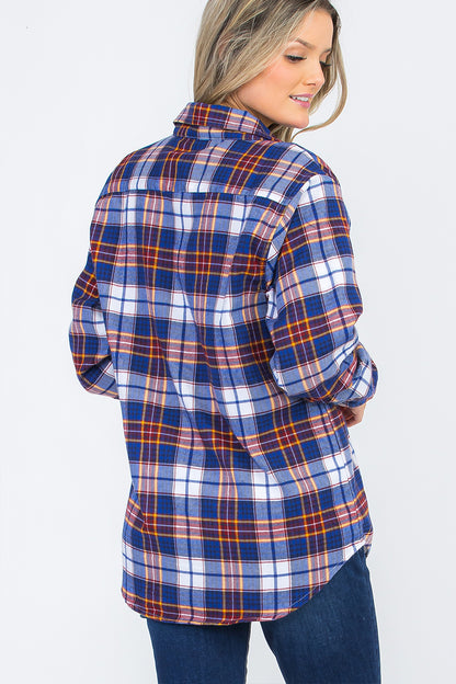 Lime Milo oversized boyfriend plaid checkered flannel top, casual blouse with a relaxed fit, in classic red and black checkered pattern.