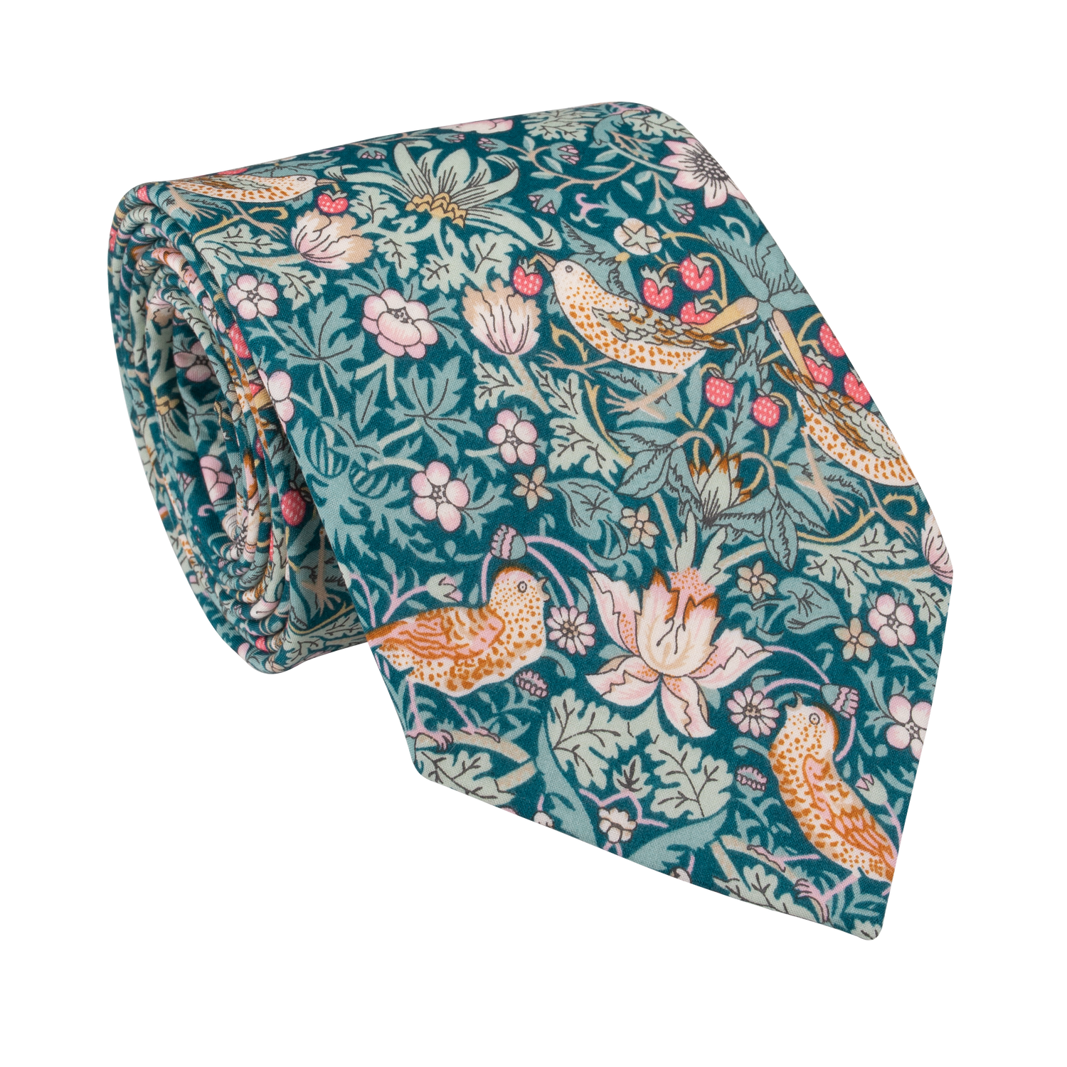 Black Huckleberry Emerald Strawberry Thief Liberty tie accessory featuring a vibrant, detailed floral and fruit pattern on silk fabric.