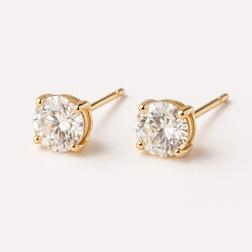 Gold-colored brass round zirconia earrings by Apricot Perses, cadmium and lead-free, showcasing sparkling gemstone details.