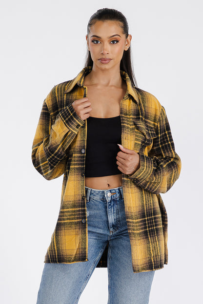 Lime Milo Boyfriend oversized soft flannel shacket in a cozy plaid design, casual jacket perfect for layered winter style.