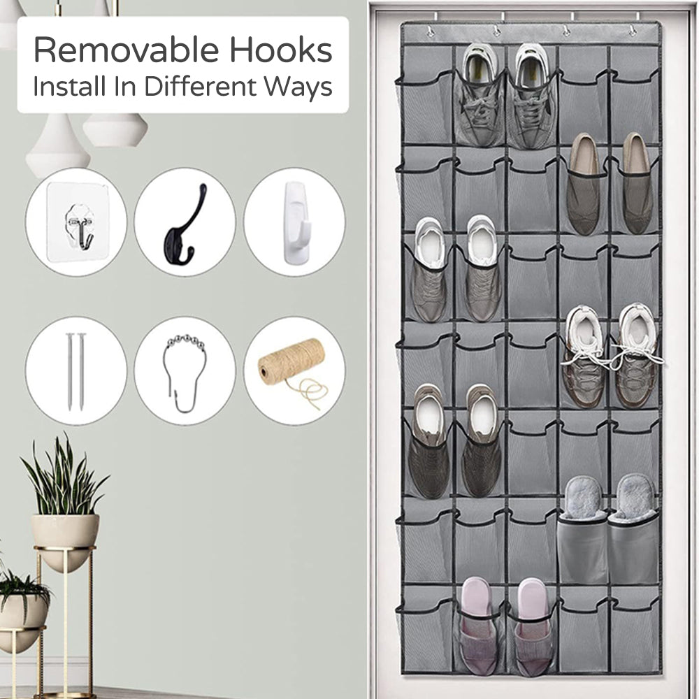 Turquoise Pandion over door shoe storage organizer with 35 pockets hanging on a door for closet organization and shoe storage.