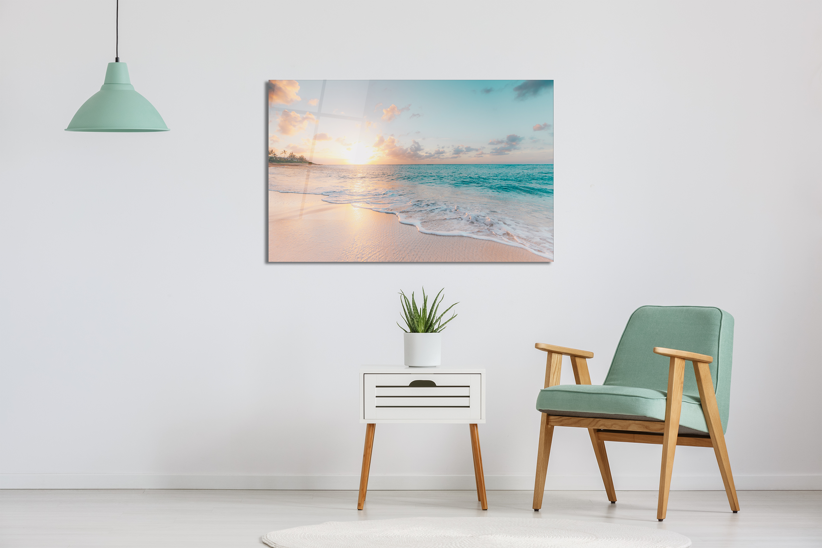 White Felix glass wall art featuring sea and waves design, 18x28 inches, perfect for modern home decor.