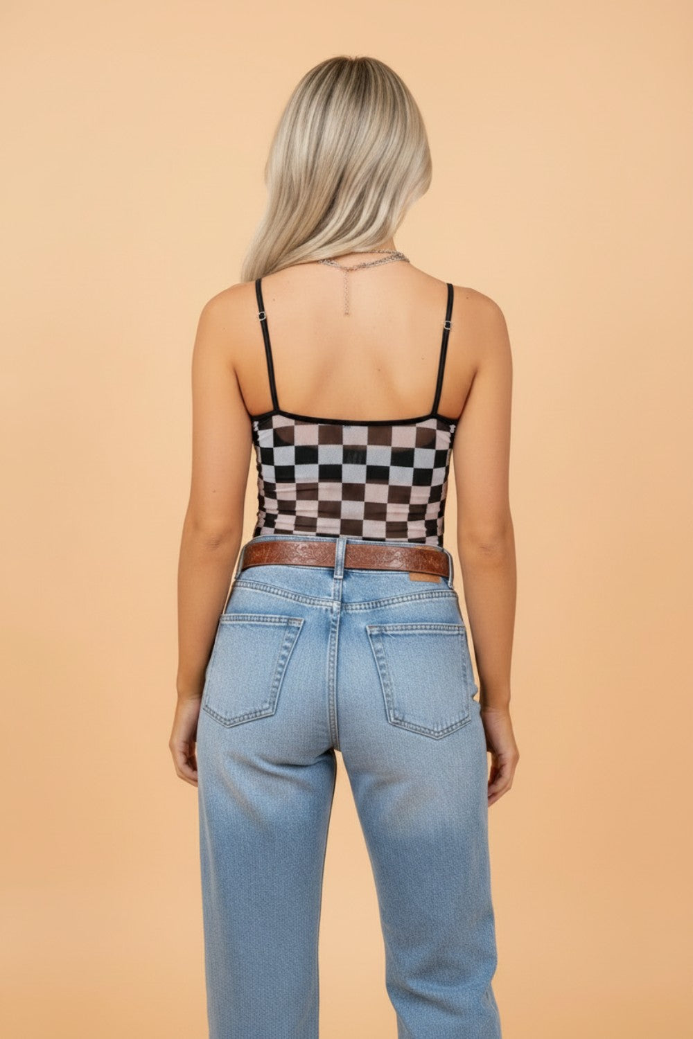 Byzantium Bay checker sheer mesh spaghetti strap tank top for women, lightweight and stylish summer clothing.