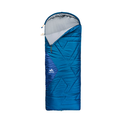 Indigo Eurybia Camfy 30 sleeping bag for camping, shown open with insulated interior and weather-resistant outer shell.
