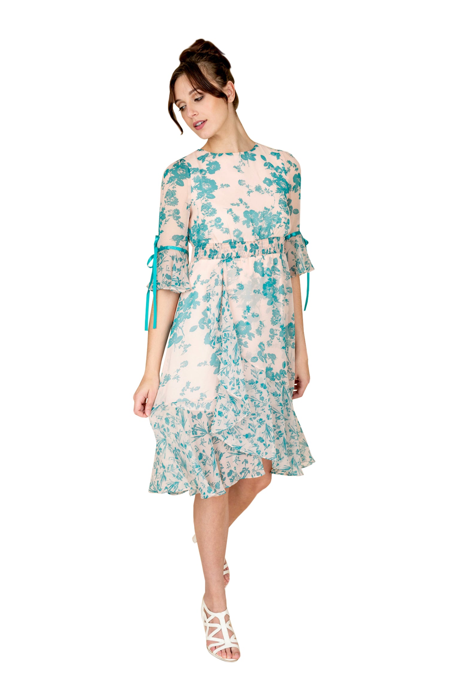 Gray Eos summer floral dress with a sleeveless design, featuring vibrant floral patterns and lightweight fabric.