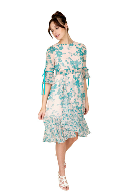 Gray Eos summer floral dress with a sleeveless design, featuring vibrant floral patterns and lightweight fabric.