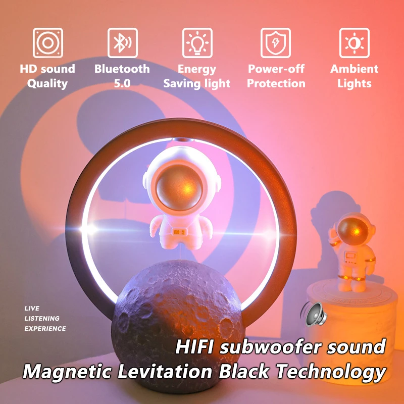 Magnetic levitation astronaut Bluetooth wireless speaker by Lilac Milo, showcasing a futuristic space-themed tech accessory.