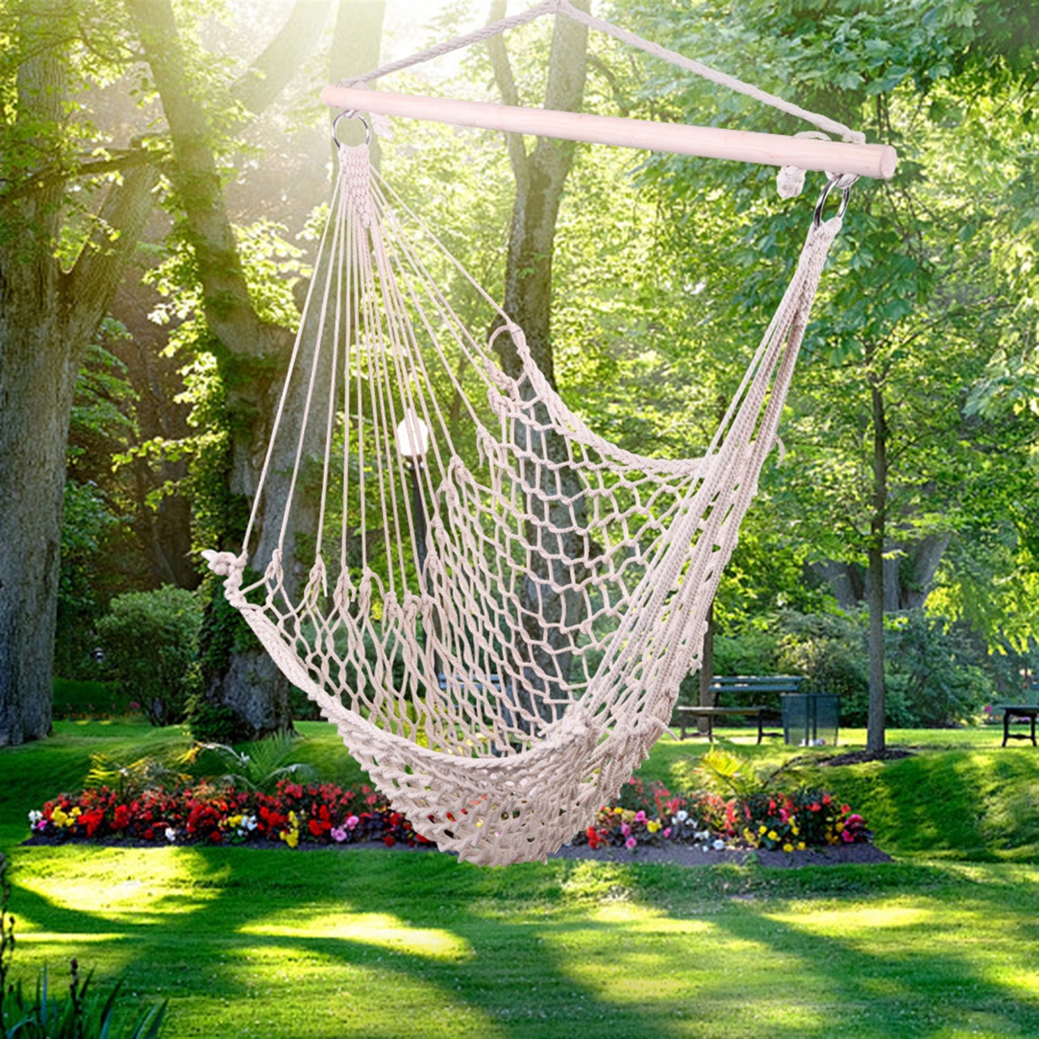 Lilac Milo hanging rope air chair swing for home and garden, featuring a cozy sky-blue fabric seat with sturdy ropes and wooden support.