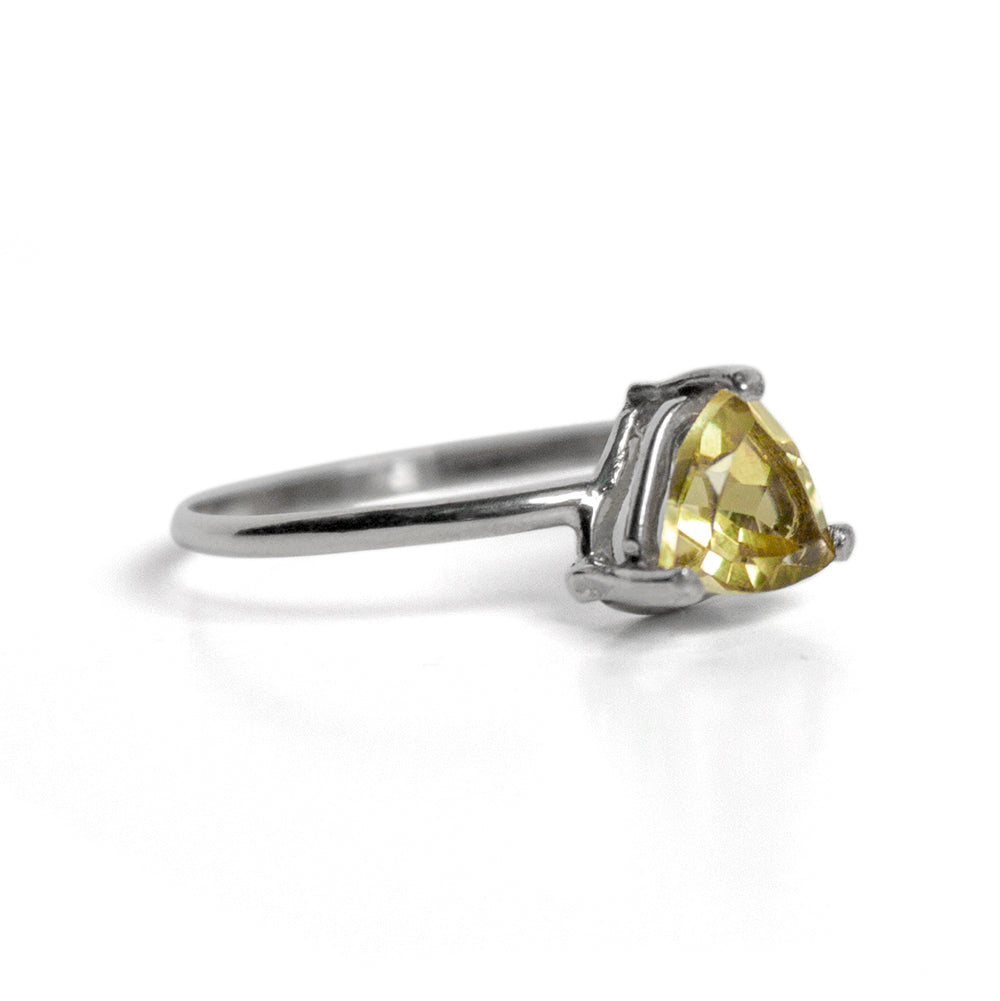 Sterling silver Lemon Topaz trillion solitaire ring with a faceted yellow gemstone and sleek band design.