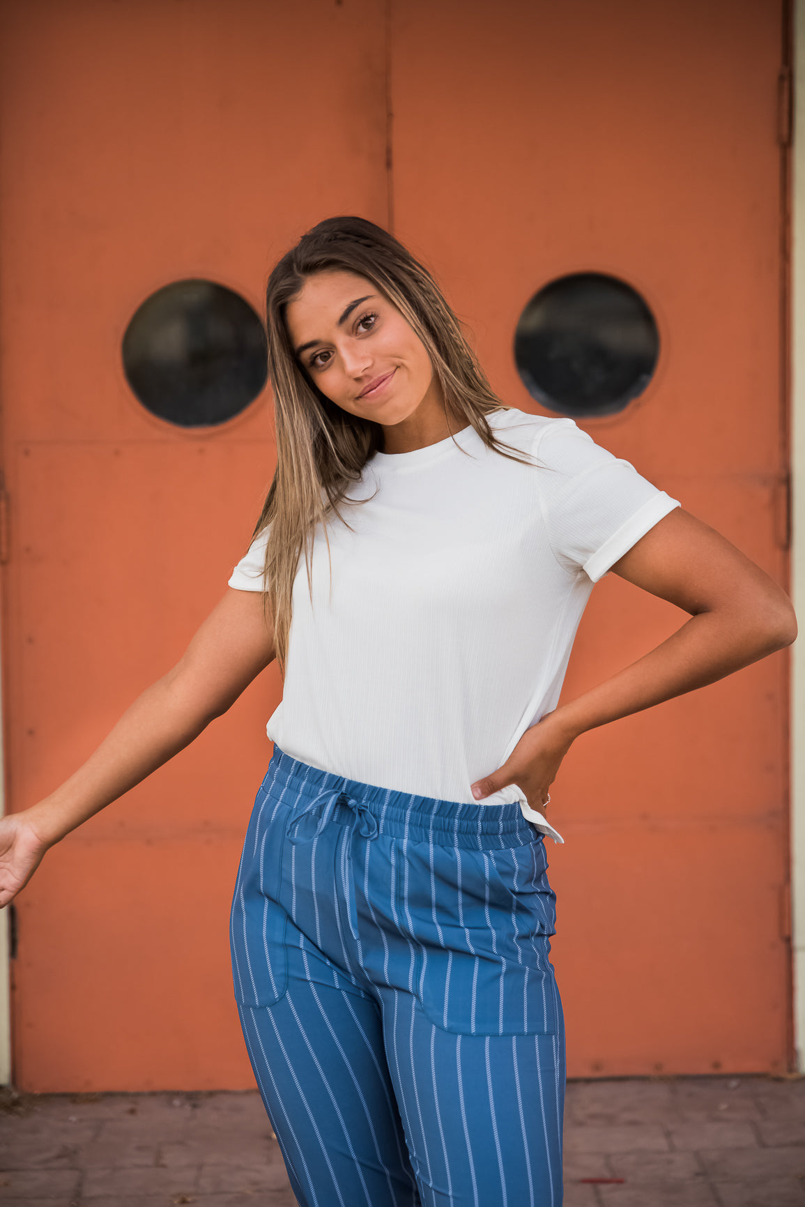 Lavender Danae DT Alyssa Rib Knit Split Hem Tee in white, shown as a stylish ribbed knit top with a split hem detail.