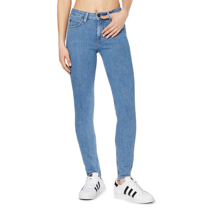 Raspberry Eos Lee Bleu jeans, classic blue denim, shown on a hanger with visible stitching and five-pocket style.