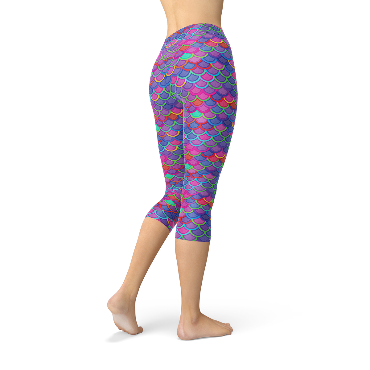 Women’s purple and pink mermaid Capri leggings from Maroon Sooty, featuring vibrant colors and a fitted, stretchy design.