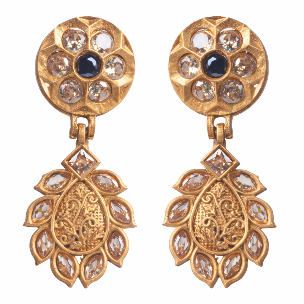 Gray Chloe designer party wear earrings for women with intricate gold and silver detailing, perfect for special occasions.