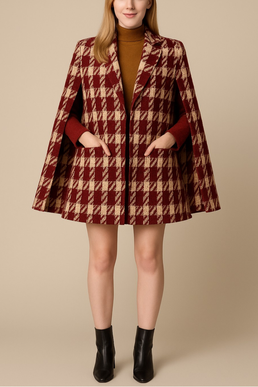 Carmine Juneberry houndstooth woolen cape coat and matching shorts, stylish set with classic pattern and tailored fit.