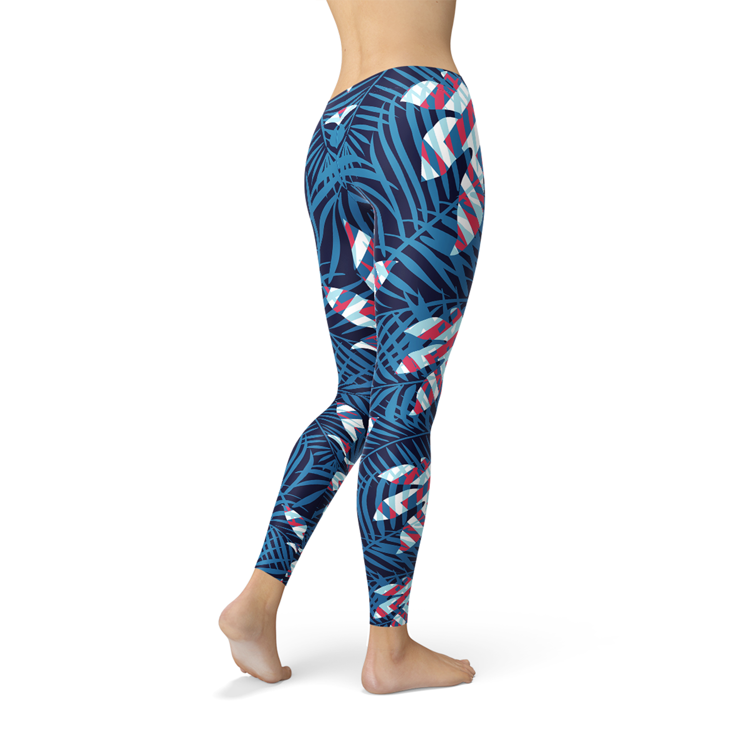 Maroon Sooty blue tropical leaf leggings for women featuring vibrant leaf print and comfortable stretchy fabric.