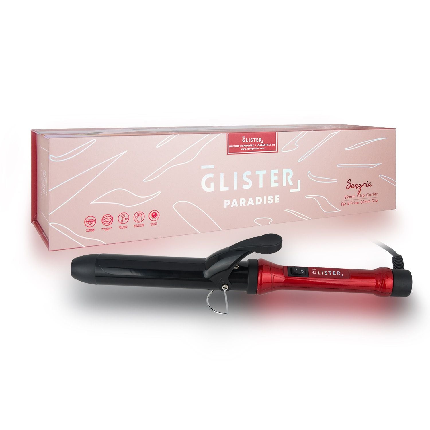 Sky Blue Thrace Paradise 32mm Max Volume Clip Curler in sangria color, showing a professional hair curler with a clip and ceramic barrel.