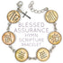 Stainless steel Blessed Assurance hymn and scripture glass charm bracelet with religious symbols, crafted by Orchid Briseis.