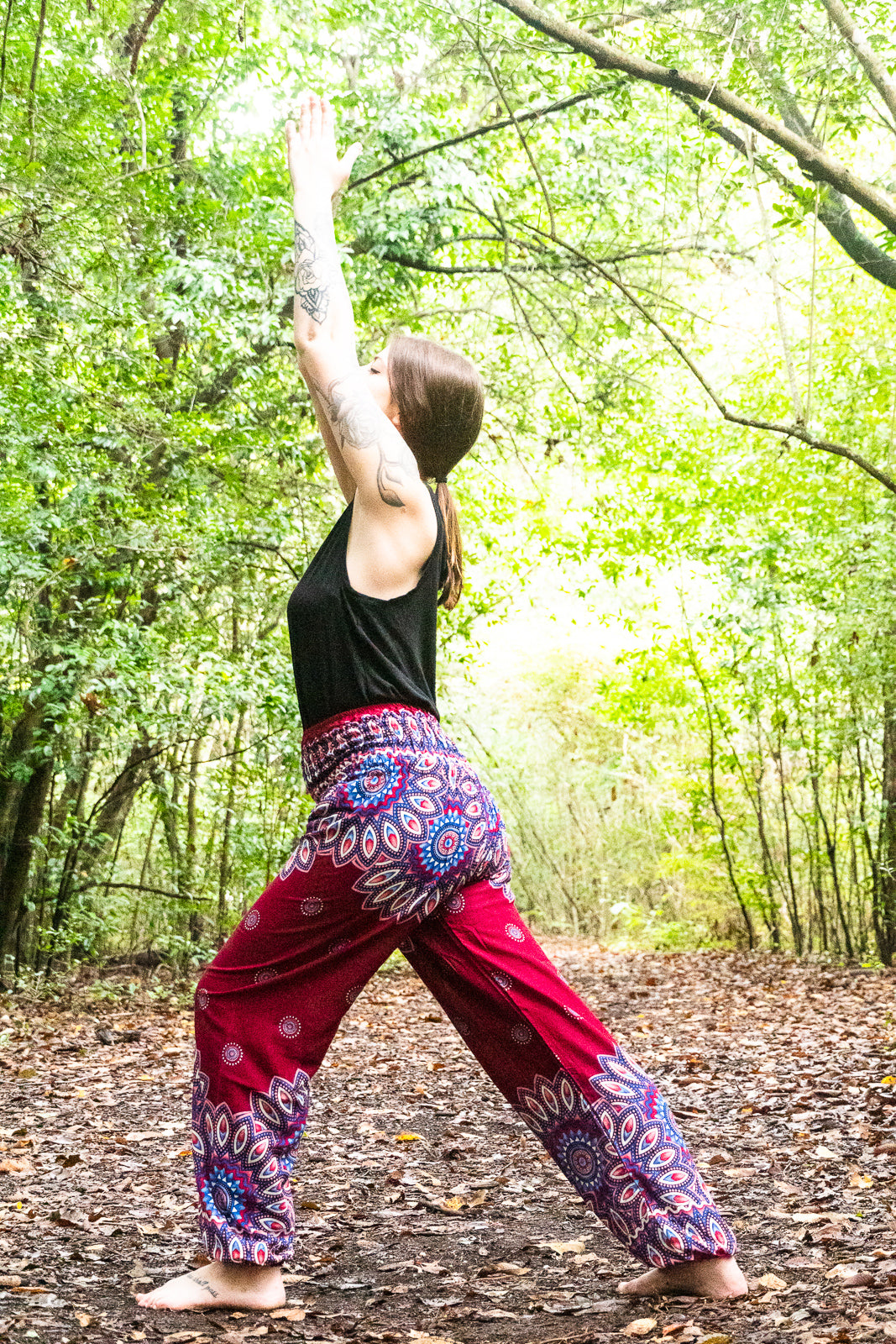 Burgundy floral mandala boho pants for women, Tan Smokey brand, featuring a relaxed hippie style suitable for yoga and casual wear.