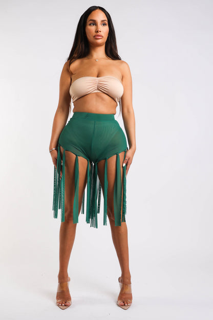 Green fringed mesh sexy shorts by Puce Juniper, featuring a stylish, revealing design perfect for party or nightlife wear.