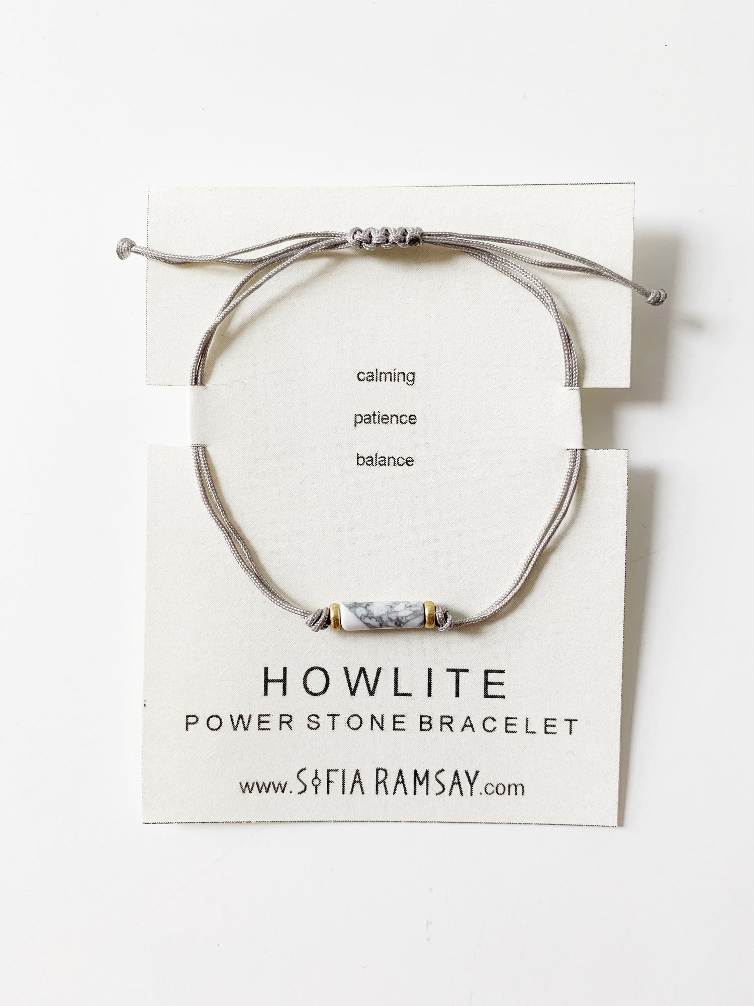 Howlite power stone bracelet in jewelry and watches, featuring white and grey marbled beads from Mint Green Corydalis.